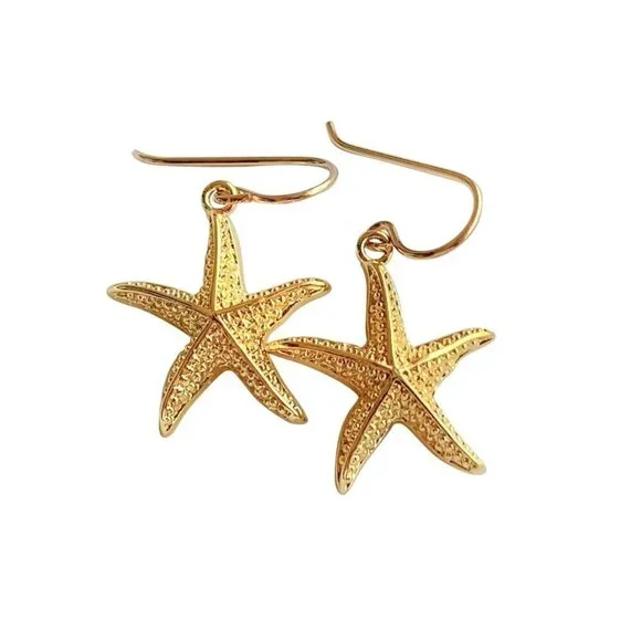 Starfish Earrings Gold 14K Gold Filled Wires Womens Girls Beach Jewelry - Picture 6 of 6